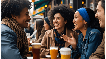 pessoas de várias etnias conversando numa mesa de bar
