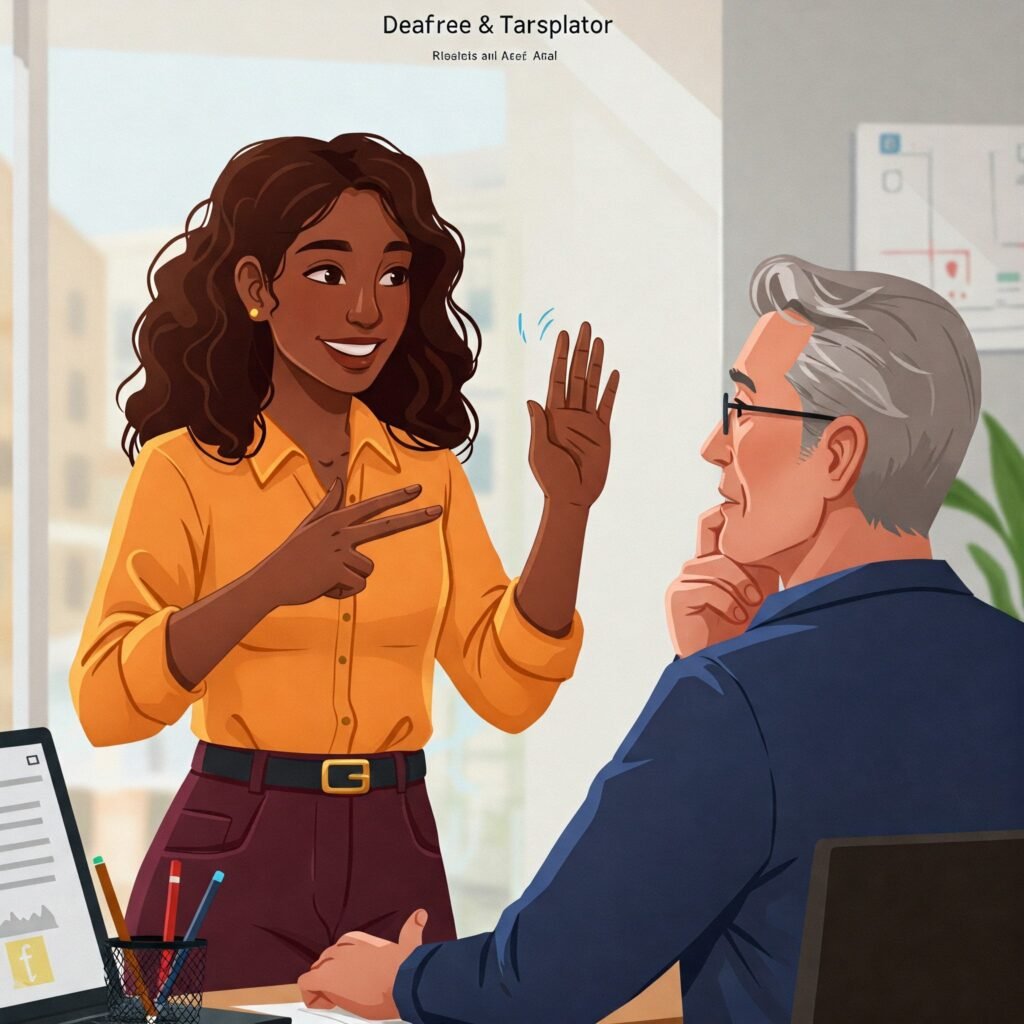 A imagem mostra uma tradutora surda a comunicar com uma pessoa ouvinte, usando a Língua Gestual Americana (ASL). Representa a comunicação entre surdos e ouvintes, inclusão e diversidade.