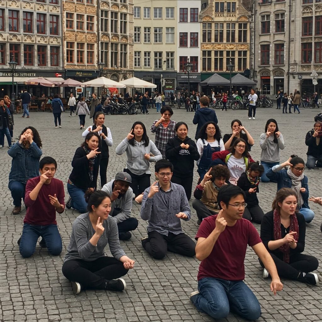 Esta imagem mostra Ghent, na Bélgica, com pessoas de diversas origens aprendendo e usando a língua de sinais, num ambiente urbano vibrante e inclusivo.